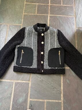 7 For All Mankind Black and White Herringbone Knit Jacket